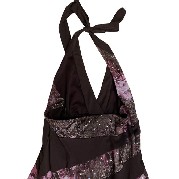 Vintage Y2K 2000s Halter Midi Dress Brown Pink Sequins Large Fairy Whimsygoth - Picture 4 of 6